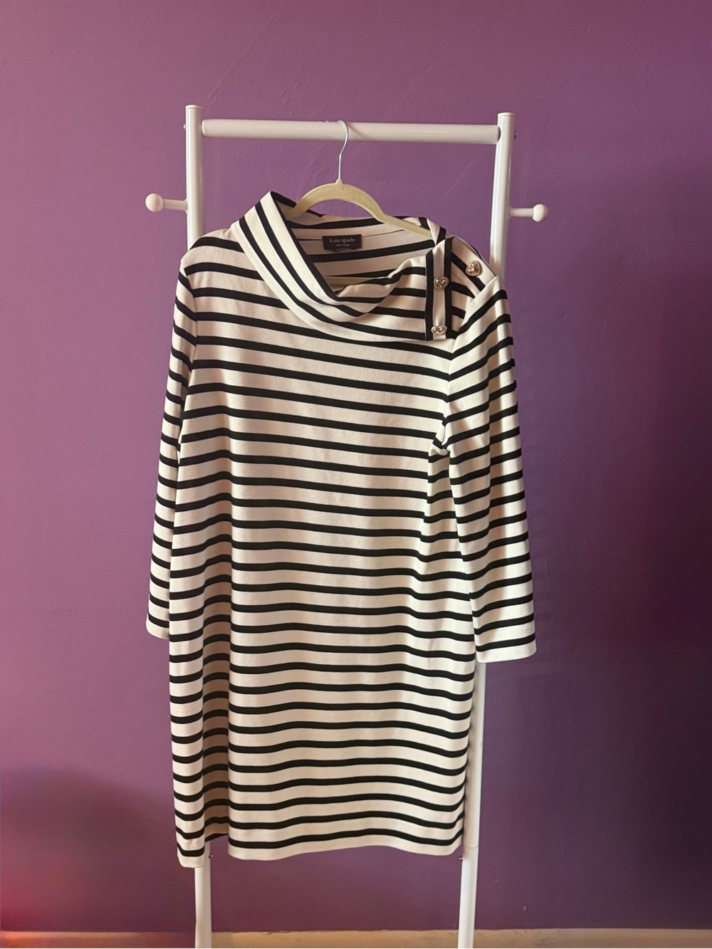 kate spade Black & White Striped Boatneck Shift Dress with Shoulder Buttons